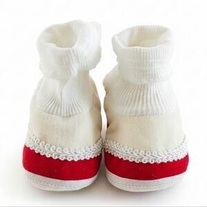 Vtg 50s Infant Red Mary Jane Baby Booties Slippers Shoes Velvet Lace Precious